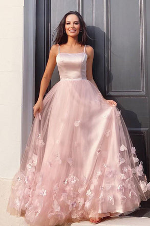 Pink Spaghetti Straps Flowers Appliques Tulle Long Evening Prom Dresses DMP018
