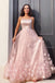 Pink Spaghetti Straps Flowers Appliques Tulle Long Evening Prom Dresses DMP018