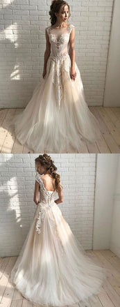 Elegant A Line Tulle Lace Long Prom Dresses,Unique Wedding Dress DME32