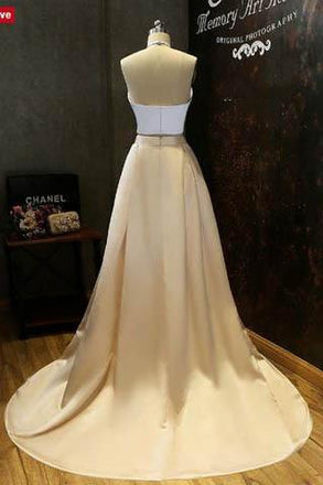 Simple Two-Piece Gold Halter Long Prom Evening Dress With White Top DM600