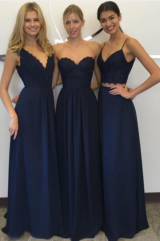 Navy blue Chiffon Simple Lace Long A Line Sleeveless Bridesmaid Dresses DM238