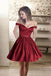 Cute Off Shoulder A line Beaded Satin Burgundy Short Homecoming Dresses,Sweet 16 Dress DM234