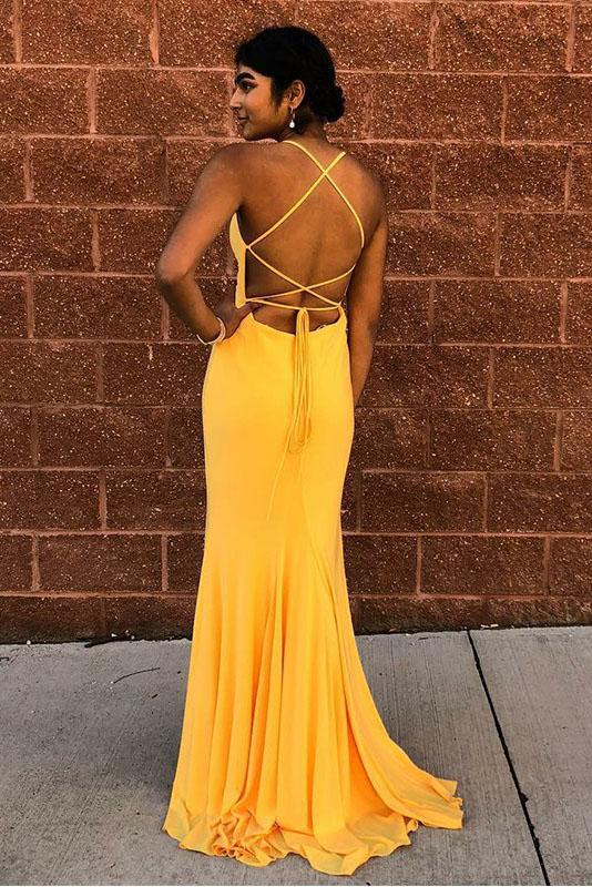 Mermaid Spaghetti Straps Floor-Length Yellow Sexy Prom Dress DMQ67