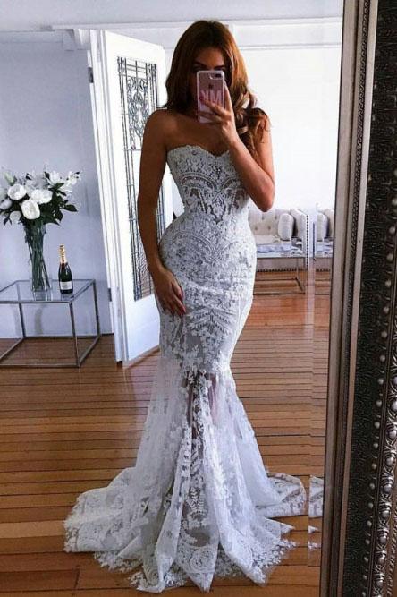 Charming Mermaid Sweetheart Sweep Train Lace Wedding Dress with Appliques DMK42