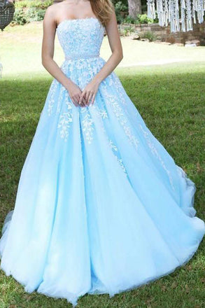 Light Blue A Line Lace Appliques Long Tulle Prom Dress, Evening Dress, School Party Gown DM1061