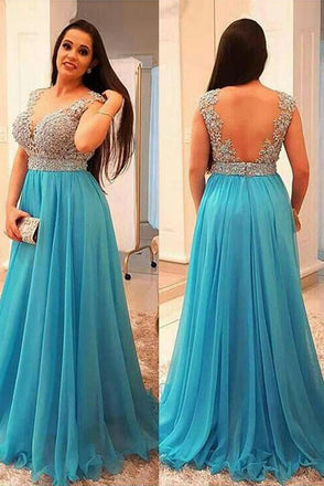 A-Line V-neck Sleeveless Beading Chiffon Ice Blue Plus Size Dresses DMF44