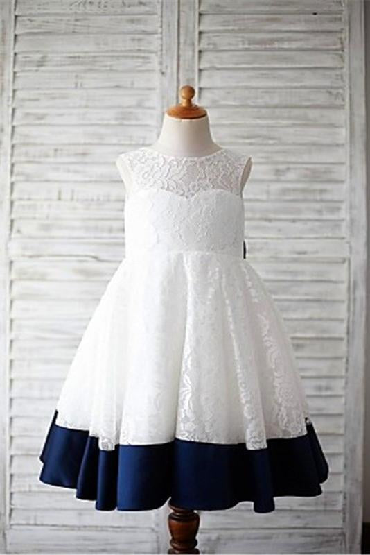 A-line Scoop Sleeveless Bowknot Floor-Length Lace Flower Girl Dresses With Navy Sash DM723