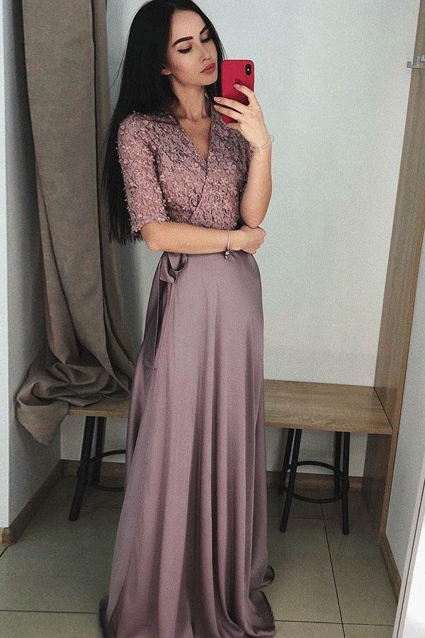 A Line V-Neck Half Sleeves Purple Long Prom Dress with Lace Top DMF7