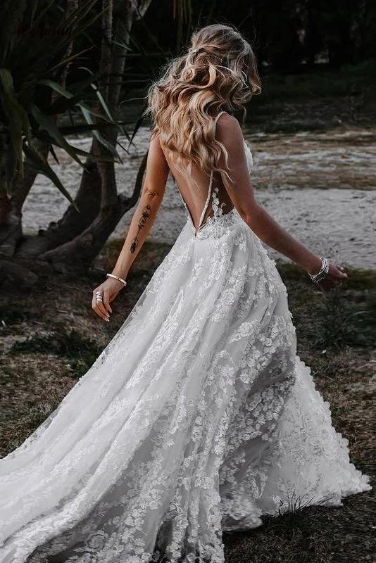 Boho Deep V Neck A Line Lace Wedding Dresses With Slit, Spaghetti Straps Bridal Gowns DMW13