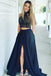 A-line Lace Bodice Navy Two Piece High Neck Prom Dresses Pockets with Split DM635