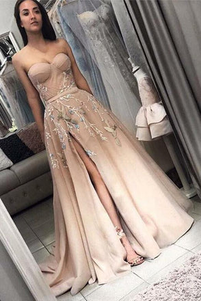 Elegant Sweetheart Long Split Prom Dress with Appliques A Line Evening Dress DMH30