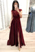 Burgundy A Line Cap Sleeves Prom Dresses, Long Beading Slit Prom Gown DMK28