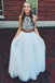Two Piece Halter Embroidered Tulle Prom Dresses Cheap A Line Long Formal Dresses DMN78