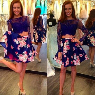Sexy Two Piece Long Sleeves Prom/Homecoming Birthday Party Dress Royal Blue Floral with Lace DM329