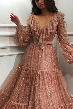Sparkle V-neck Long Sleeves V-neck Pink Evening Prom Dresses with Ruffles DMH92