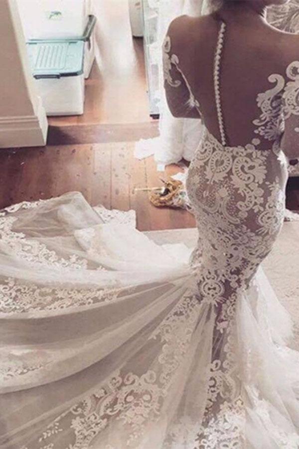 White Lace Appliques Mermaid Long Sleeves Tulle Wedding Dress DM595