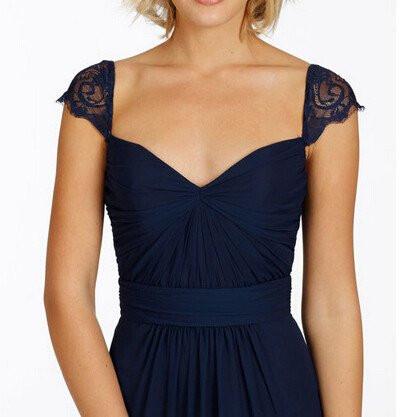 Navy Blue Long Open Back Cap Sleeve Sexy Chiffon Bridesmaid Dresses DM189