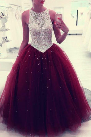 Beaded Scoop Tulle Burgundy Ball Gown Prom Dress, Quinceanera Dresses DMF5