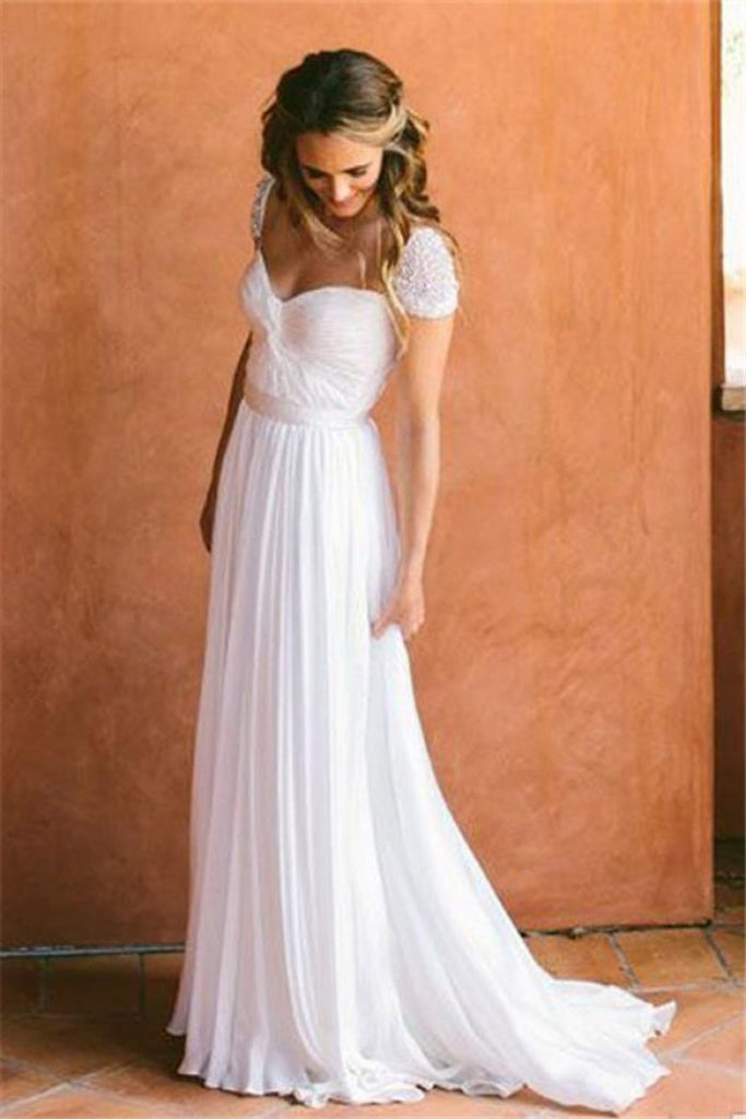 Cheap Sweetheart Beading Cap Sleeves Chiffon A-Line Pleats Wedding Dress DM772