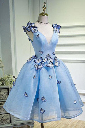 Sky Blue Butterfly Applique A Line V Neck Short Homecoming Dress DMB67