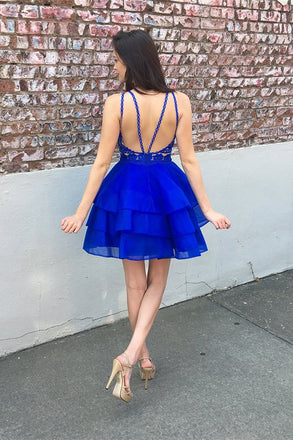 Cute A-line Lace Top Organza Skirt Royal Blue Tiered Short Homecoming Dresses DMB73