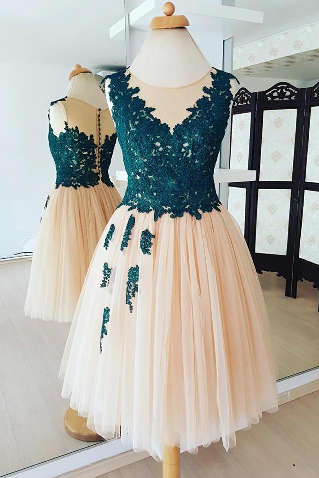See Through A Line Short Lace Top Appliques Tulle Cheap Homecoming Dresses DMB62
