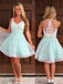 A-line V-neck White Fishing Net Lace Appliques Short Homecoming Dresses DMB74