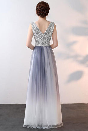 Unique Ombre Beaded A Line Long V Neck Sleeveless Prom Dress DMA70