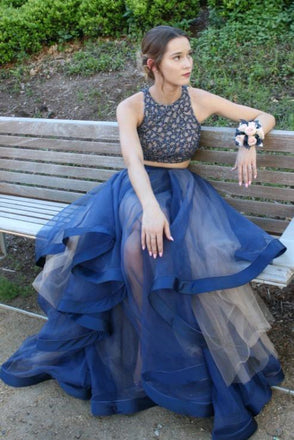 Elegant Two Pieces A-Line Blue Organza Long Prom Dresses With Beads DMB20