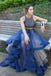 Elegant Two Pieces A-Line Blue Organza Long Prom Dresses With Beads DMB20