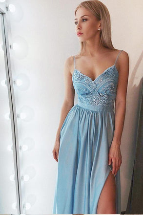 Simple A-Line Spaghetti Straps Blue Chiffon Long Prom Dress with Slit DMB26