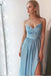 Simple A-Line Spaghetti Straps Blue Chiffon Long Prom Dress with Slit DMB26