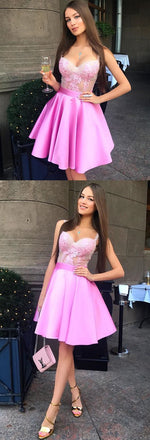 A-Line Spaghetti Straps Pink Satin Homecoming Dress with Appliques,Cheap Short Prom Dress DMC37