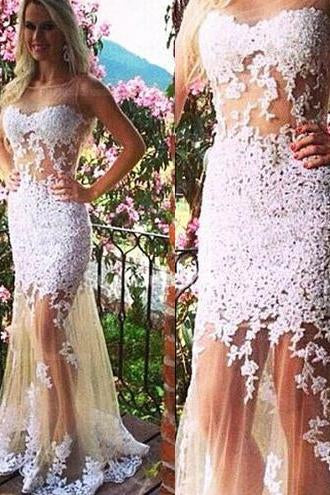Sheath Scoop Tulle Long Backless Prom Dress With White Lace Appliques DM578