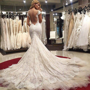 Sexy Mermaid Lace Wedding Dresses stunning Cap Sleeves Appliques Bridal Gowns DM106