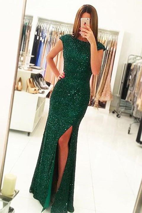 Luxurious Cap Sleeves Dark Green Split-Front Open Back Long Sequin Sexy Mermaid Prom Dress DM150