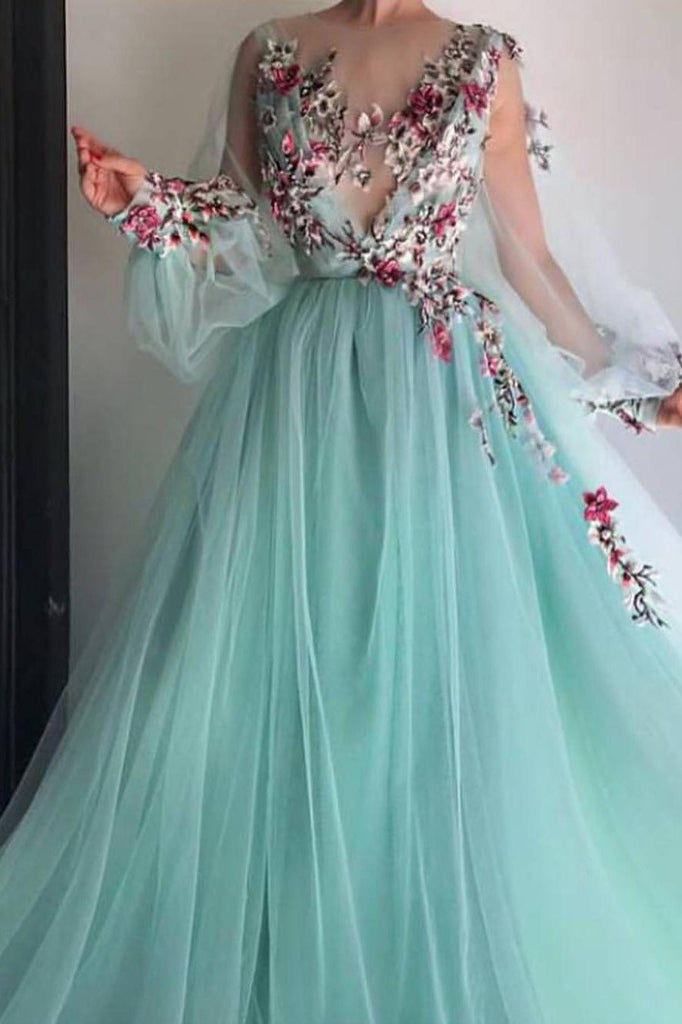 Princess Scoop Floral Appliques Long Puffy Sleeves Prom Dress DMI31