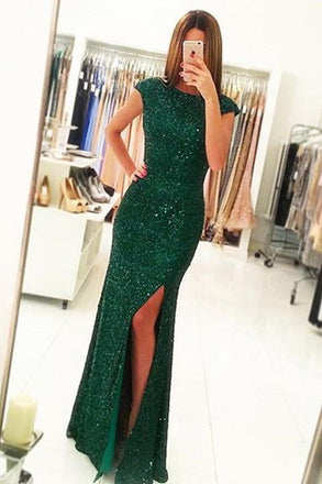 Luxurious Cap Sleeves Dark Green Split-Front Open Back Long Sequin Sexy Mermaid Prom Dress DM150