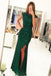 Luxurious Cap Sleeves Dark Green Split-Front Open Back Long Sequin Sexy Mermaid Prom Dress DM150