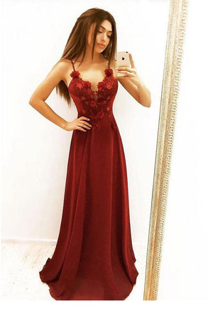 A Line Spaghetti Straps Flowers Burgundy Long Prom Dresses DMJ37