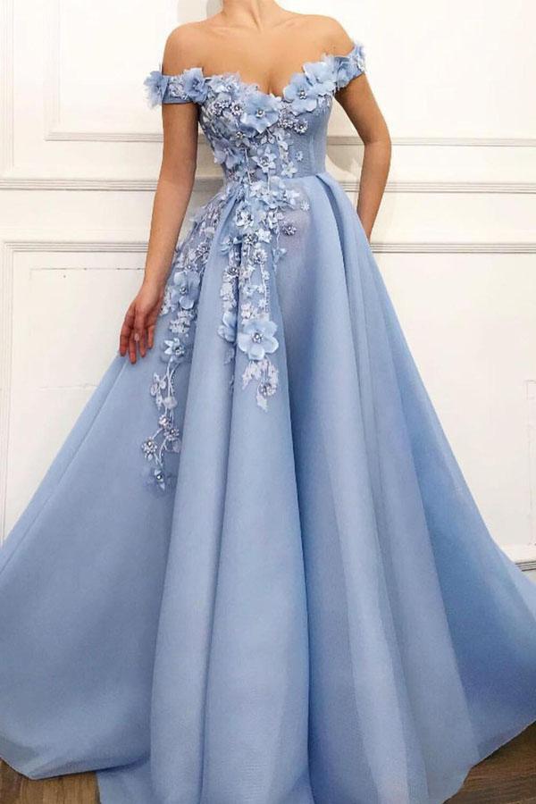 Blue Off Shoulder Flower Appliques A-line  Long Modest Beautiful Prom Dresses DMH13