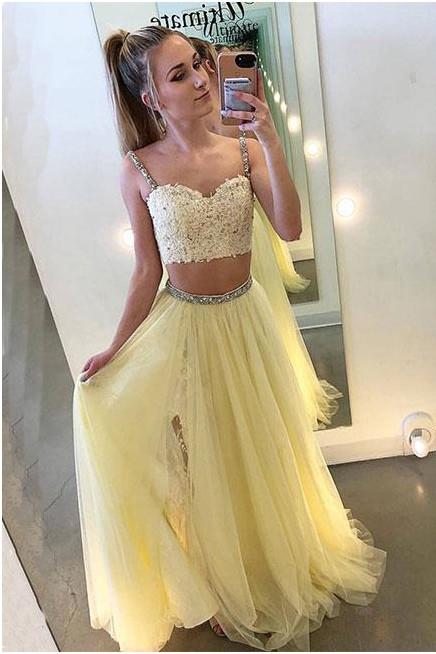 Sexy Two Pieces Yellow Tulle Straps A Line Long Prom Dress With Lace DMB24
