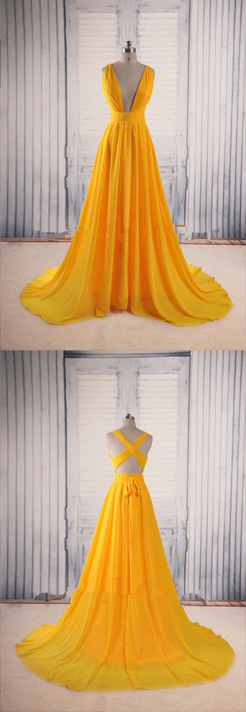 Yellow A Line V Neck Criss Cross Back Chiffon Long Prom Dress DMB58