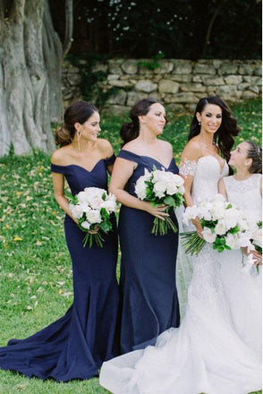 Mermaid Off-the-Shoulder Sweep Train Dark Blue Satin Bridesmaid Dress DMR30