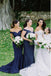 Mermaid Off-the-Shoulder Sweep Train Dark Blue Satin Bridesmaid Dress DMR30