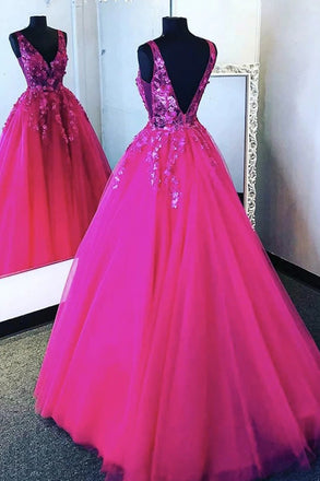 V Neck Hot Pink Tulle Lace Appliques Prom Dress, A Line Formal Evening Dresses DMP160