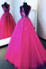 V Neck Hot Pink Tulle Lace Appliques Prom Dress, A Line Formal Evening Dresses DMP160