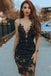 Sheath Spaghetti Straps Black Beaded Short Prom Dress with Lace DME10