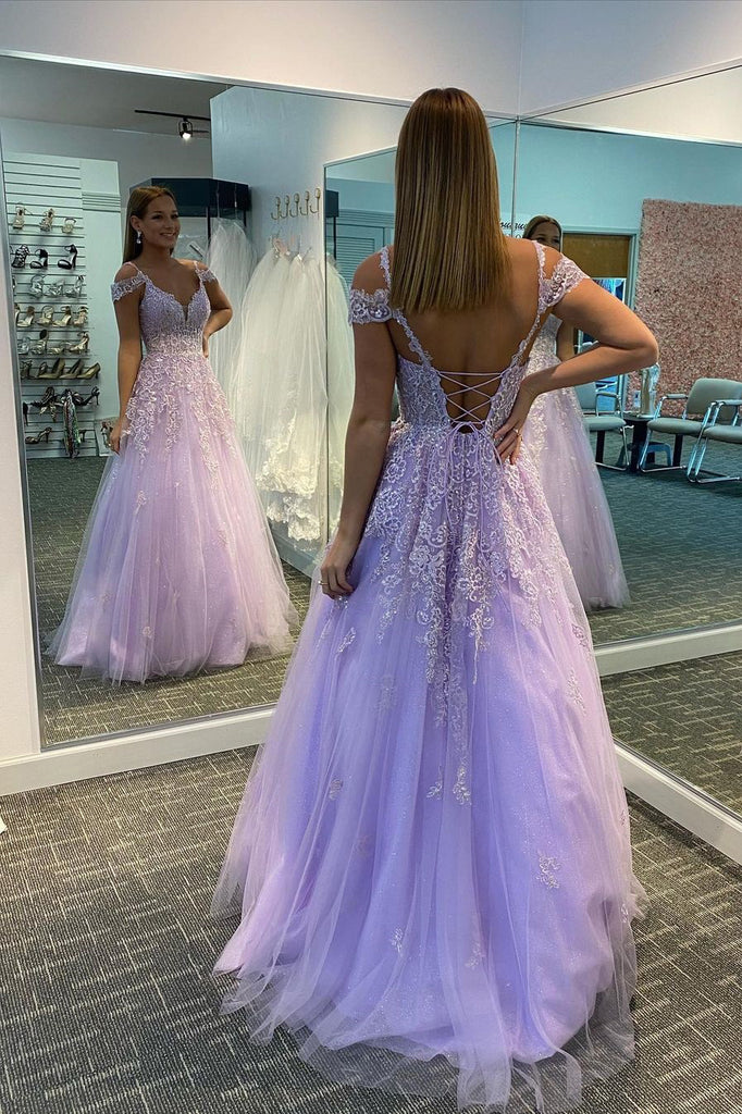 Pink Lace Appliques Tulle V Neck Prom Dress, Long Formal Evening Gown DMP089