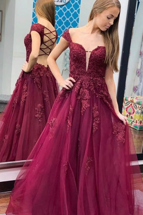 Burgundy A Line Tulle Lace Appliques Long Prom Dress Cap Sleeves Evening Dress DMP056